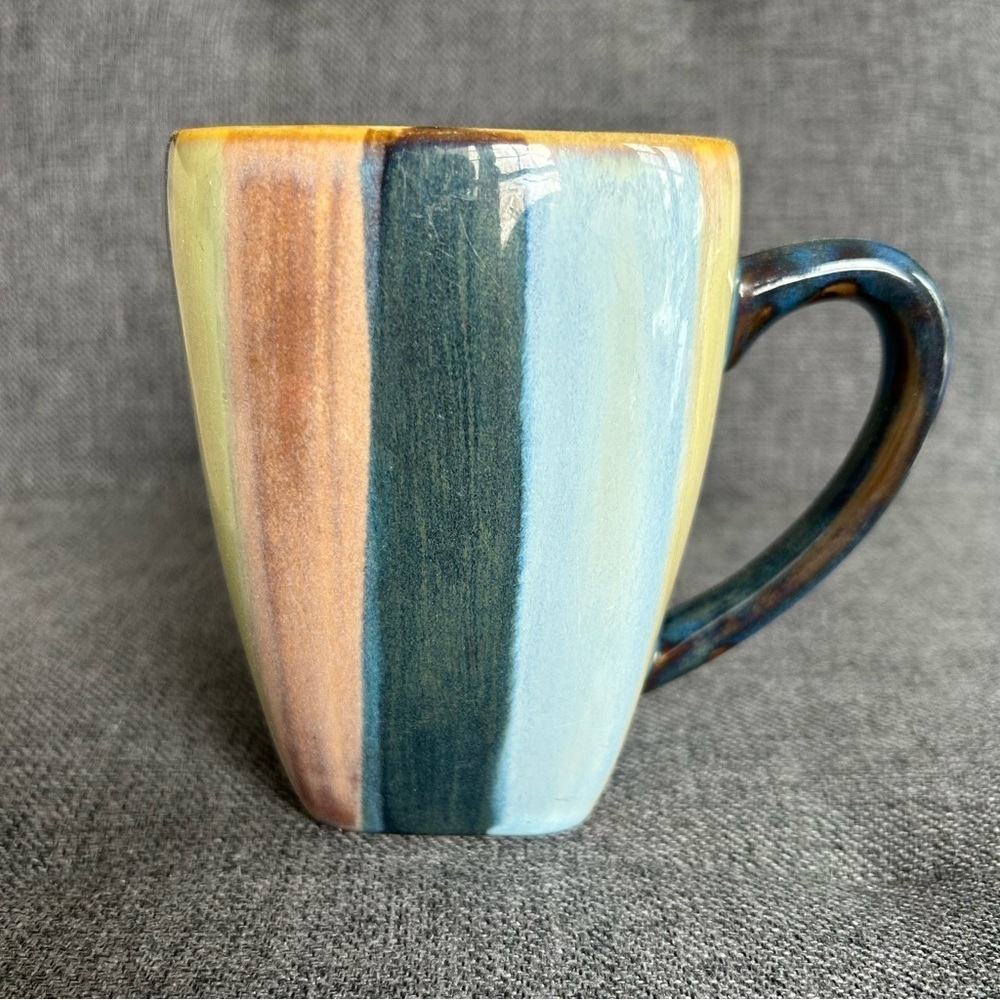 Colorful, Striped Coffee Mug with Square Bottom, Blue, Tan, Yellow, Pink, 16 oz